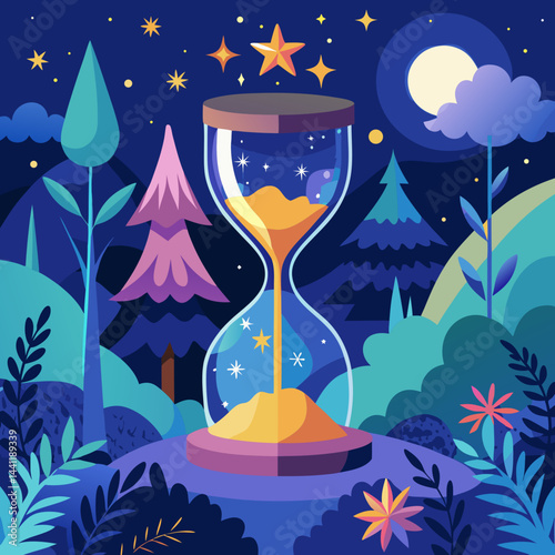An hourglass adorned with stars and plants, symbolizing the passage of time and nature's beauty.
