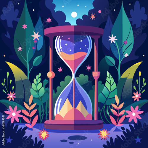 An hourglass adorned with stars and plants, symbolizing the passage of time and nature's beauty.
