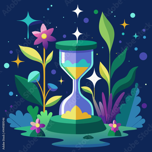 An hourglass adorned with stars and plants, symbolizing the passage of time and nature's beauty.