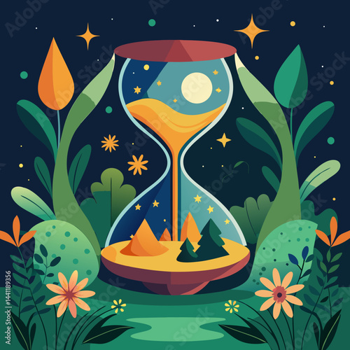 An hourglass adorned with stars and plants, symbolizing the passage of time and nature's beauty.