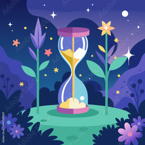 An hourglass adorned with stars and plants, symbolizing the passage of time and nature's beauty.
