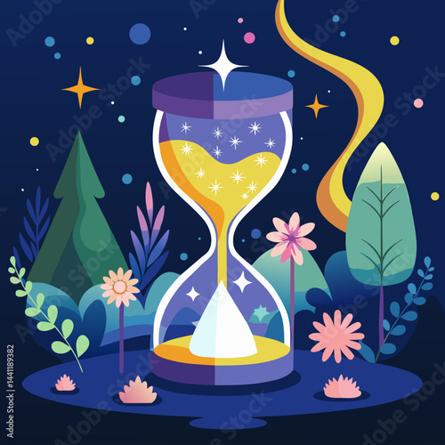 An hourglass adorned with stars and plants, symbolizing the passage of time and nature's beauty.