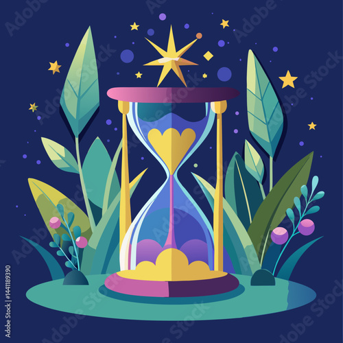 An hourglass adorned with stars and plants, symbolizing the passage of time and nature's beauty.