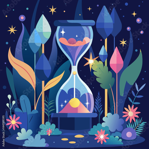 An hourglass adorned with stars and plants, symbolizing the passage of time and nature's beauty.