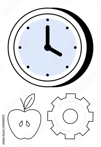 Clock with blue face, apple with leaf, and gear symbolizing time management, health, productivity, work-life balance, organization, wellness and goal-setting. Ideal for simple landing page