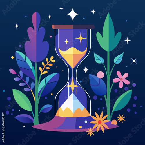 An hourglass adorned with stars and plants, symbolizing the passage of time and nature's beauty.