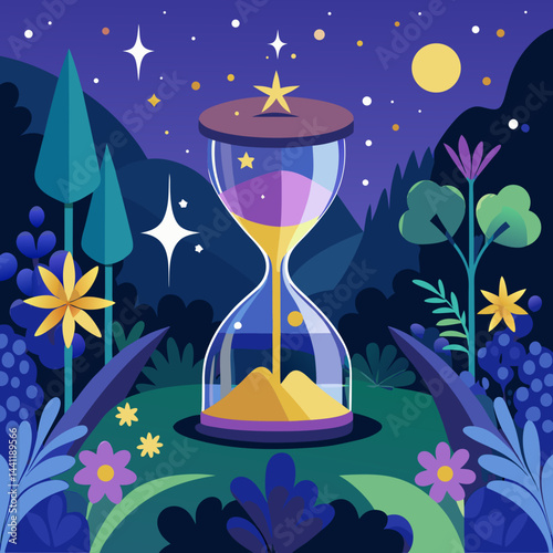 An hourglass adorned with stars and plants, symbolizing the passage of time and nature's beauty.