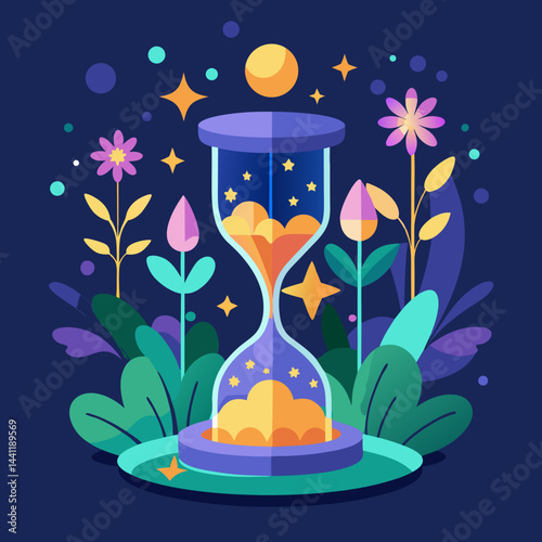 An hourglass adorned with stars and plants, symbolizing the passage of time and nature's beauty.