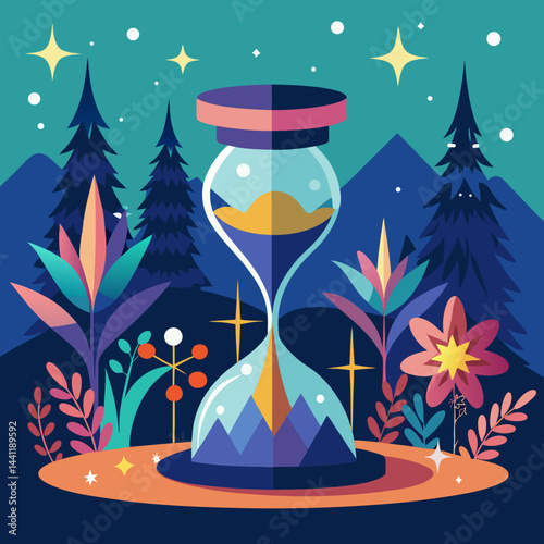 An hourglass adorned with stars and plants, symbolizing the passage of time and nature's beauty.