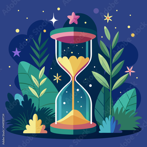 An hourglass adorned with stars and plants, symbolizing the passage of time and nature's beauty.