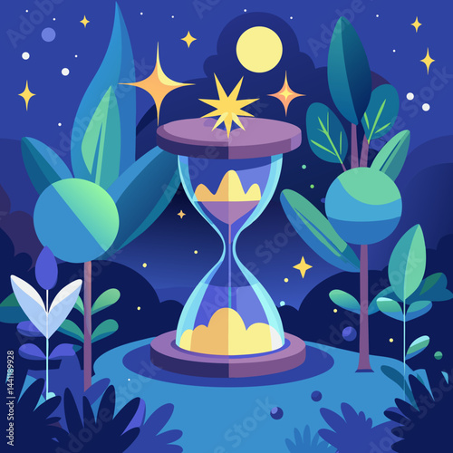 An hourglass adorned with stars and plants, symbolizing the passage of time and nature's beauty.