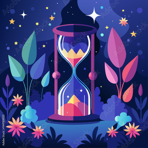 An hourglass adorned with stars and plants, symbolizing the passage of time and nature's beauty.