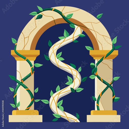 Greek arch adorned with lush vines and elegant columns, showcasing classic architectural beauty.