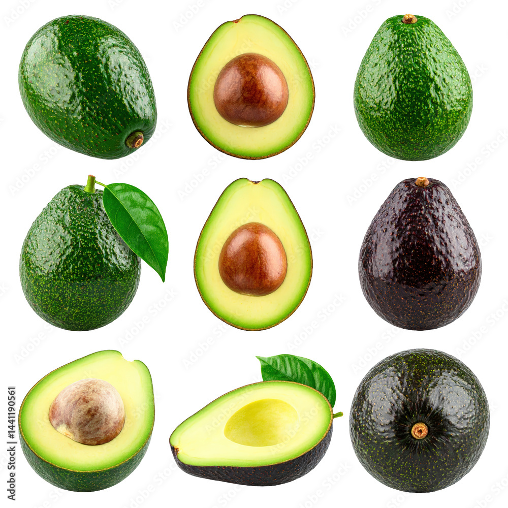Avocado collection with leaves isolated on white or transparent Avocado collection with leaves isolated on white or transparent