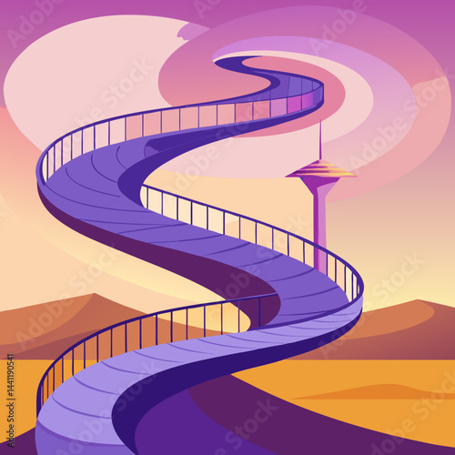 A vibrant purple spiral staircase stands alone in a vast desert landscape.