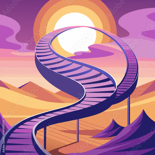 A vibrant purple spiral staircase stands alone in a vast desert landscape.