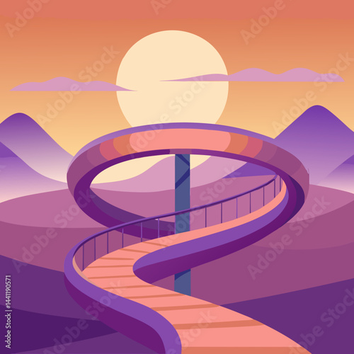 A vibrant purple spiral staircase stands alone in a vast desert landscape.