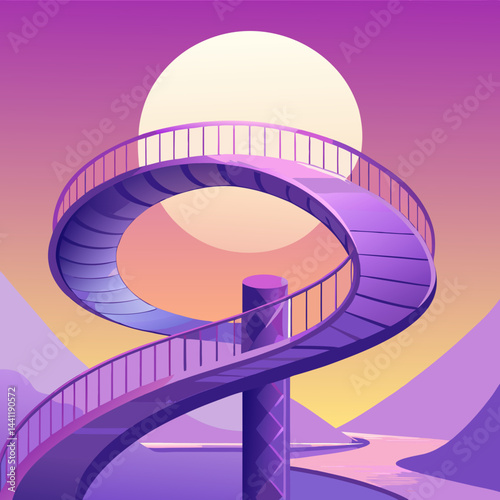 A vibrant purple spiral staircase stands alone in a vast desert landscape.