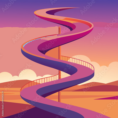 A vibrant purple spiral staircase stands alone in a vast desert landscape.