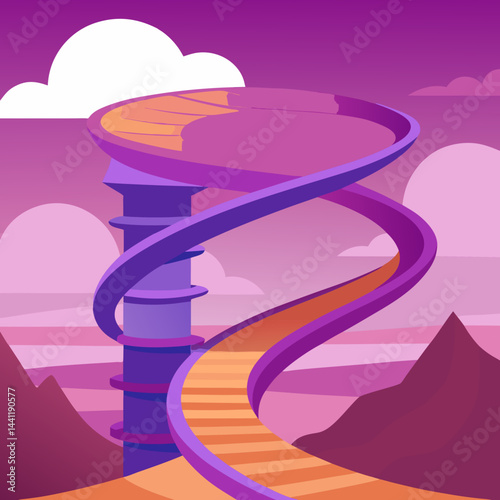 A vibrant purple spiral staircase stands alone in a vast desert landscape.