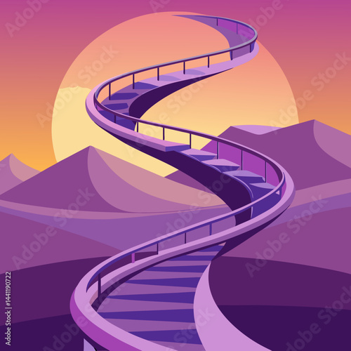 A vibrant purple spiral staircase stands alone in a vast desert landscape.