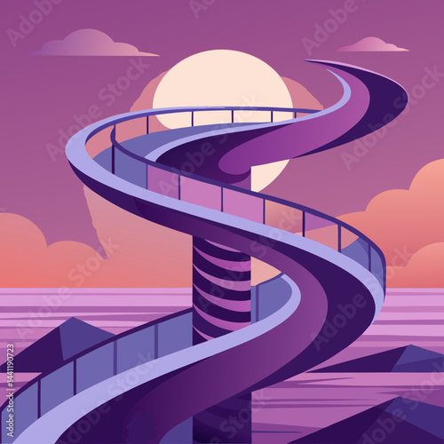 A vibrant purple spiral staircase stands alone in a vast desert landscape.