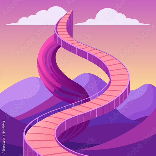 A vibrant purple spiral staircase stands alone in a vast desert landscape.