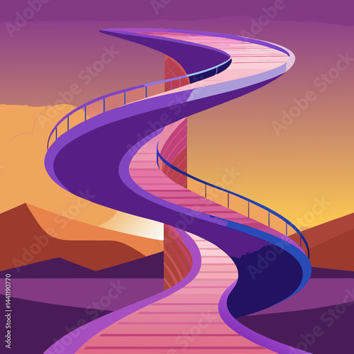 A vibrant purple spiral staircase stands alone in a vast desert landscape.