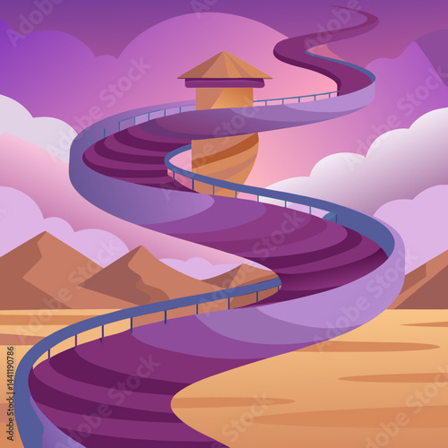 A vibrant purple spiral staircase stands alone in a vast desert landscape.