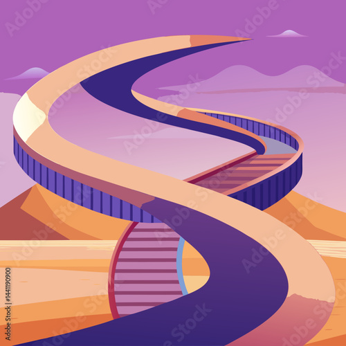 A vibrant purple spiral staircase stands alone in a vast desert landscape.