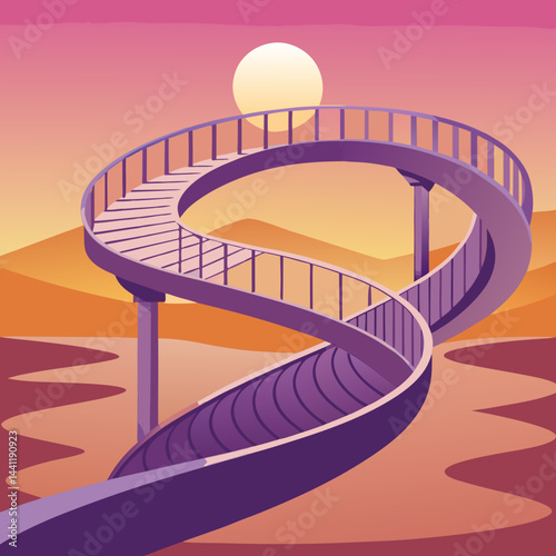 A vibrant purple spiral staircase stands alone in a vast desert landscape.