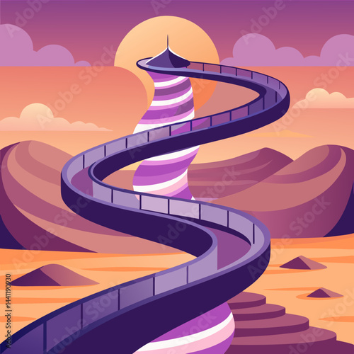 A vibrant purple spiral staircase stands alone in a vast desert landscape.