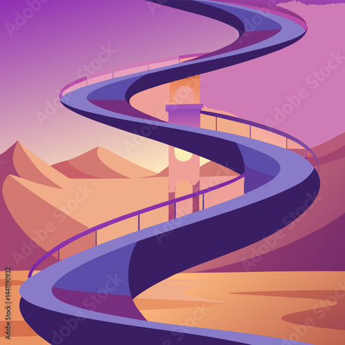 A vibrant purple spiral staircase stands alone in a vast desert landscape.