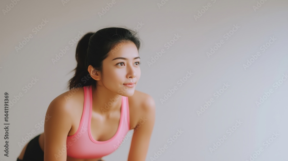 Female athlete stretching and preparing for workout indoors during morning light.