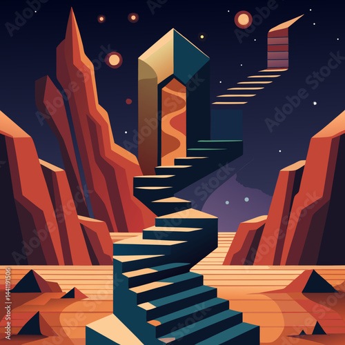 A stairway leads up a mountain under a beautiful starry sky, creating a serene and magical atmosphere.