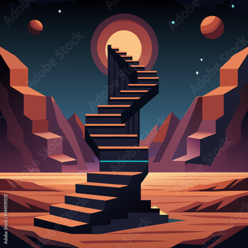 A stairway leads up a mountain under a beautiful starry sky, creating a serene and magical atmosphere.