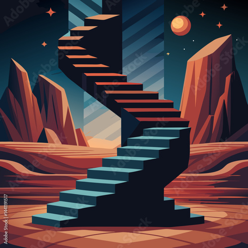 A stairway leads up a mountain under a beautiful starry sky, creating a serene and magical atmosphere.