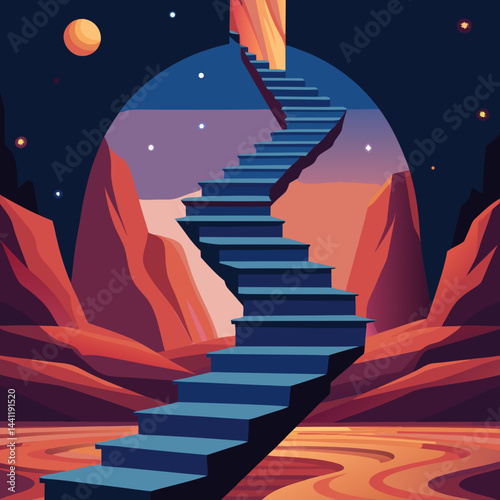 A stairway leads up a mountain under a beautiful starry sky, creating a serene and magical atmosphere.