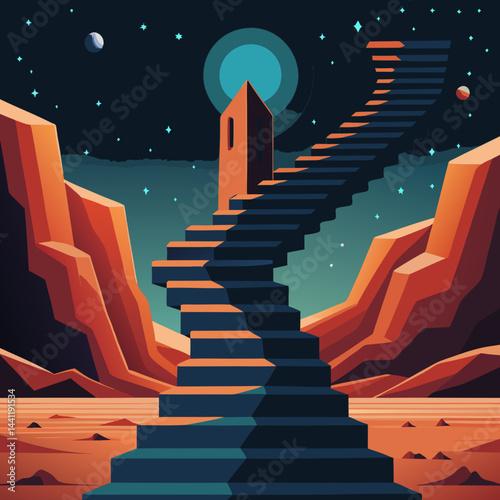A stairway leads up a mountain under a beautiful starry sky, creating a serene and magical atmosphere.