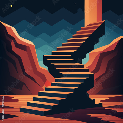 A stairway leads up a mountain under a beautiful starry sky, creating a serene and magical atmosphere.