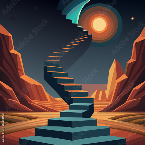 A stairway leads up a mountain under a beautiful starry sky, creating a serene and magical atmosphere.