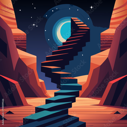 A stairway leads up a mountain under a beautiful starry sky, creating a serene and magical atmosphere.