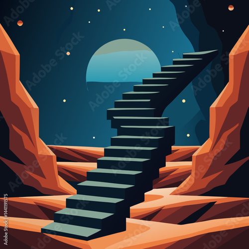 A stairway leads up a mountain under a beautiful starry sky, creating a serene and magical atmosphere.