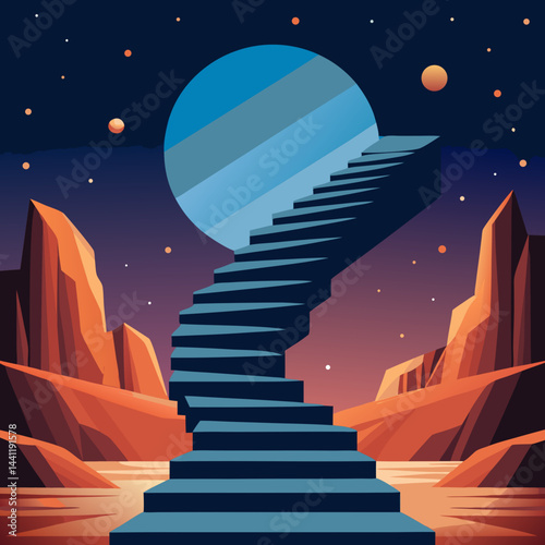 A stairway leads up a mountain under a beautiful starry sky, creating a serene and magical atmosphere.