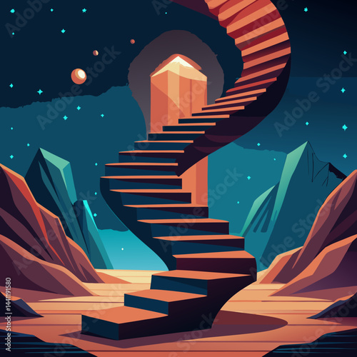 A stairway leads up a mountain under a beautiful starry sky, creating a serene and magical atmosphere.