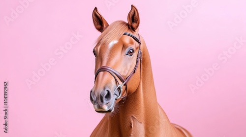 Close-up of a light brown horse head,  with a bridle
