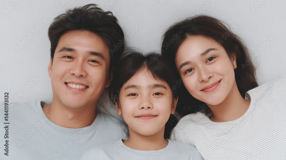 Loving family smiles together while lying on a soft surface at home in a cozy indoor setting during the daytime.