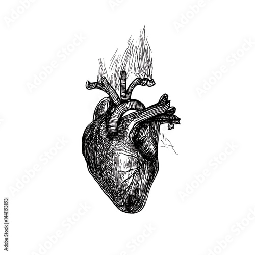 Heart Art Illustration: Burning Passion in Black and White with Metallic Flair – A Detailed Sketch of Heart Anatomy and Emotion