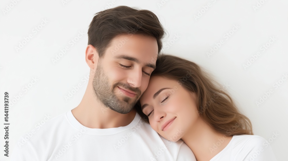 Couple enjoying intimate moment together with smiles and affection in a bright, minimalist setting.