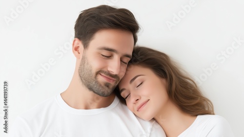 Obraz na płótnie Couple enjoying intimate moment together with smiles and affection in a bright, minimalist setting. w salonie